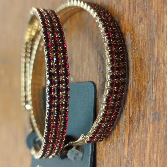 Lightweight Red Rhinestone & Gold Tone 2" Hoop Earrings - New - Picture 2 of 5